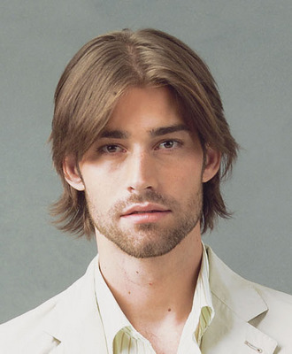 Image of Mans Medium Hair Style with long side bangs split in the mid

