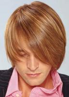 Men's Medium Hairstyle with long swept side bangs with high lights, brown brown with blonde lines
