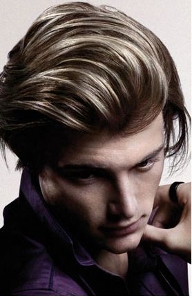 Men highlight hairstyle with layers and very long bangs gel to the back.JPG