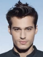 Classic cool men hairstyle with geled bangs in long length and short hair on the sides and back.PNG