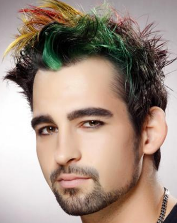 Mens hairstyle with highlights with green, red and yellow hair colors with full of layered hair.PNG
