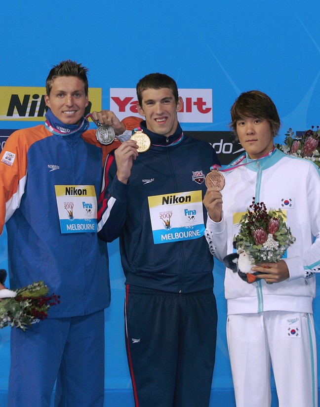 Michael Phelps with Pieter van den Hoogenband and Park Tae-hwan 200 meter freestyle final.jpg
