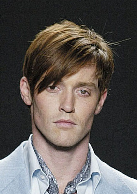 Men's Short Hair Style with very long side bangs with layers in red brown
