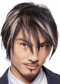 Men's Medium Hair Style_high lighted Asian men hairstyle with very long  bang pic
