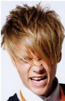 Wild men short hairstyle with very long layered bangs in dark blonde.JPG