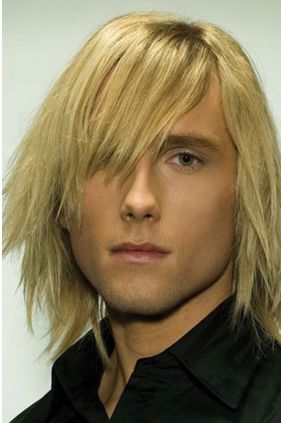 Ice blonde man medium long hairstyle with full of layers and side bang.JPG
