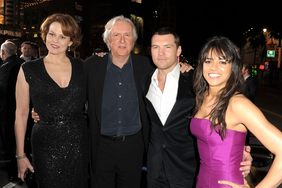 Actress Sigourney Weaver, writer & director James Cameron, actor Sam Worthington and actress Michelle Rodriguez at the premi
