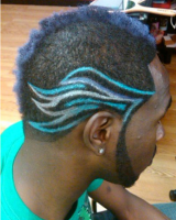 Black men mohawk hairstyle with very cool high lights in blue and white.PNG